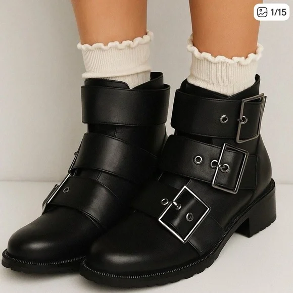 Blondo Camila Waterproof Black Leather Triple Buckle Moto Boots 9 - Picture 1 of 12